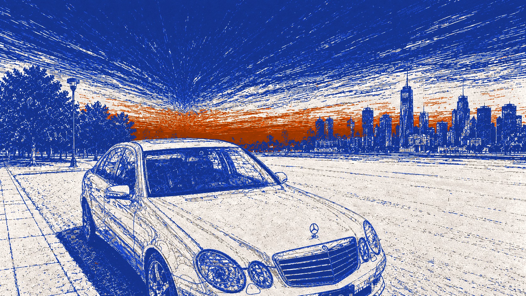 A screenprint of a Mercedes on a waterfront with the New York skyline behind it