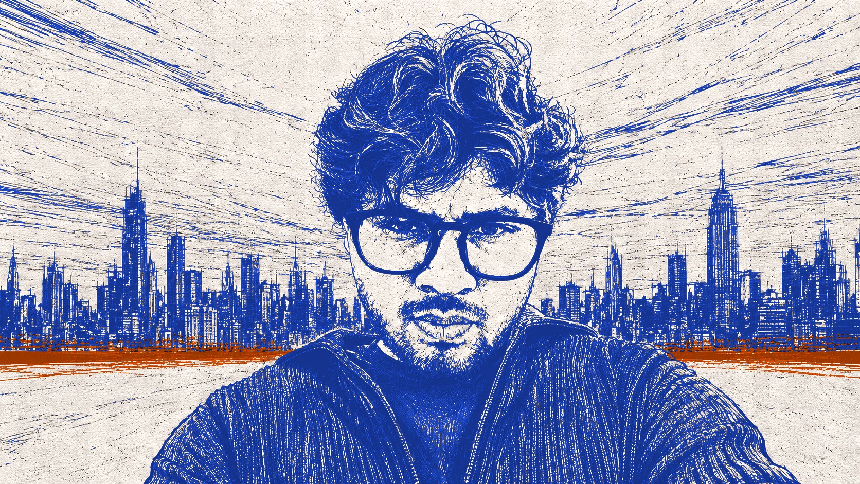 A screenprint portrait against the New York skyline