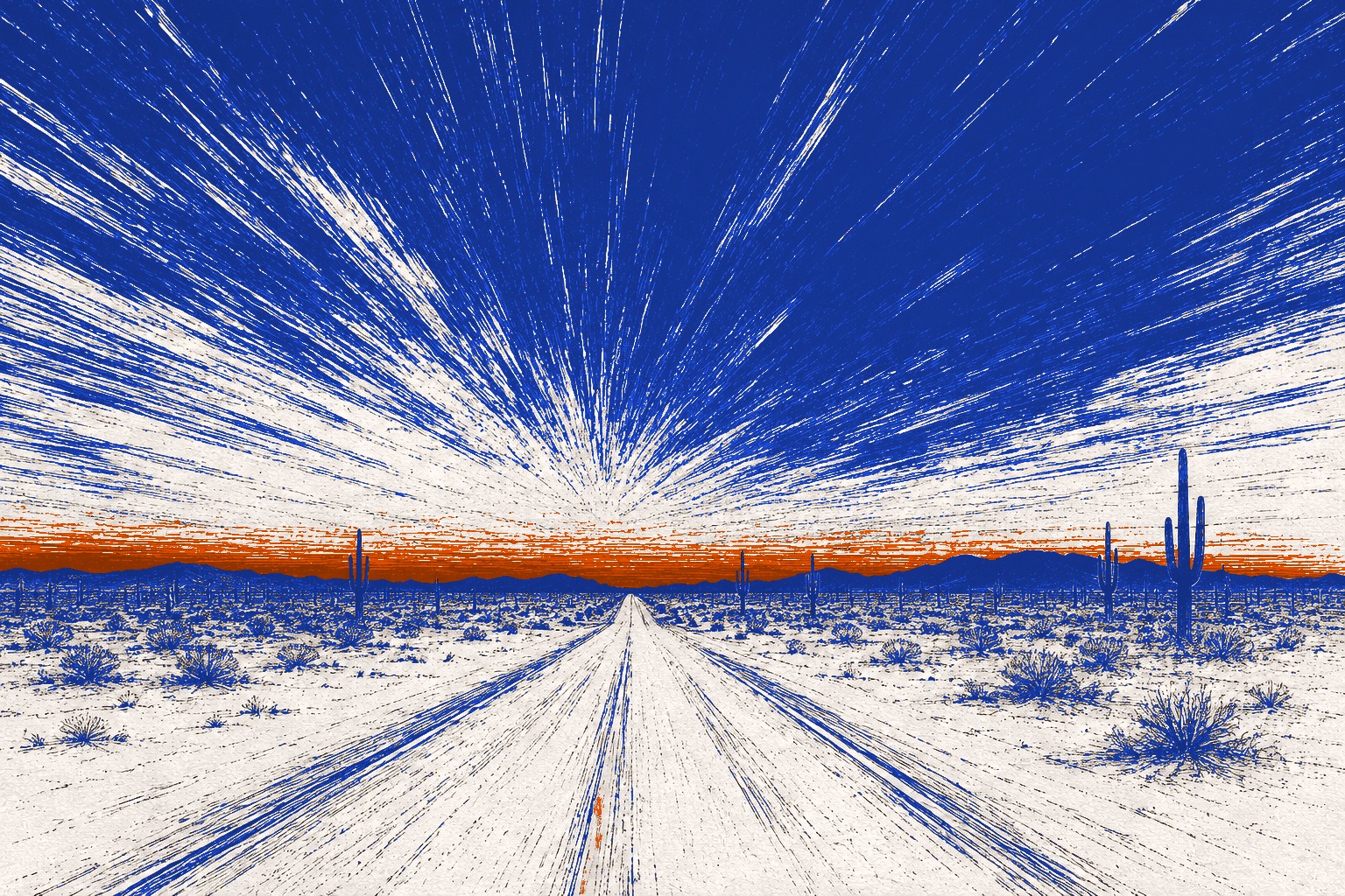 A screenprint of the Sonoran desert outside Tempe at last light, a road running to the horizon