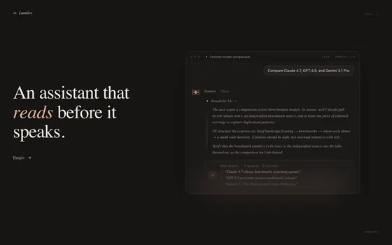 Lumière — Editorial AI chat — BYOK, streaming reasoning, real search