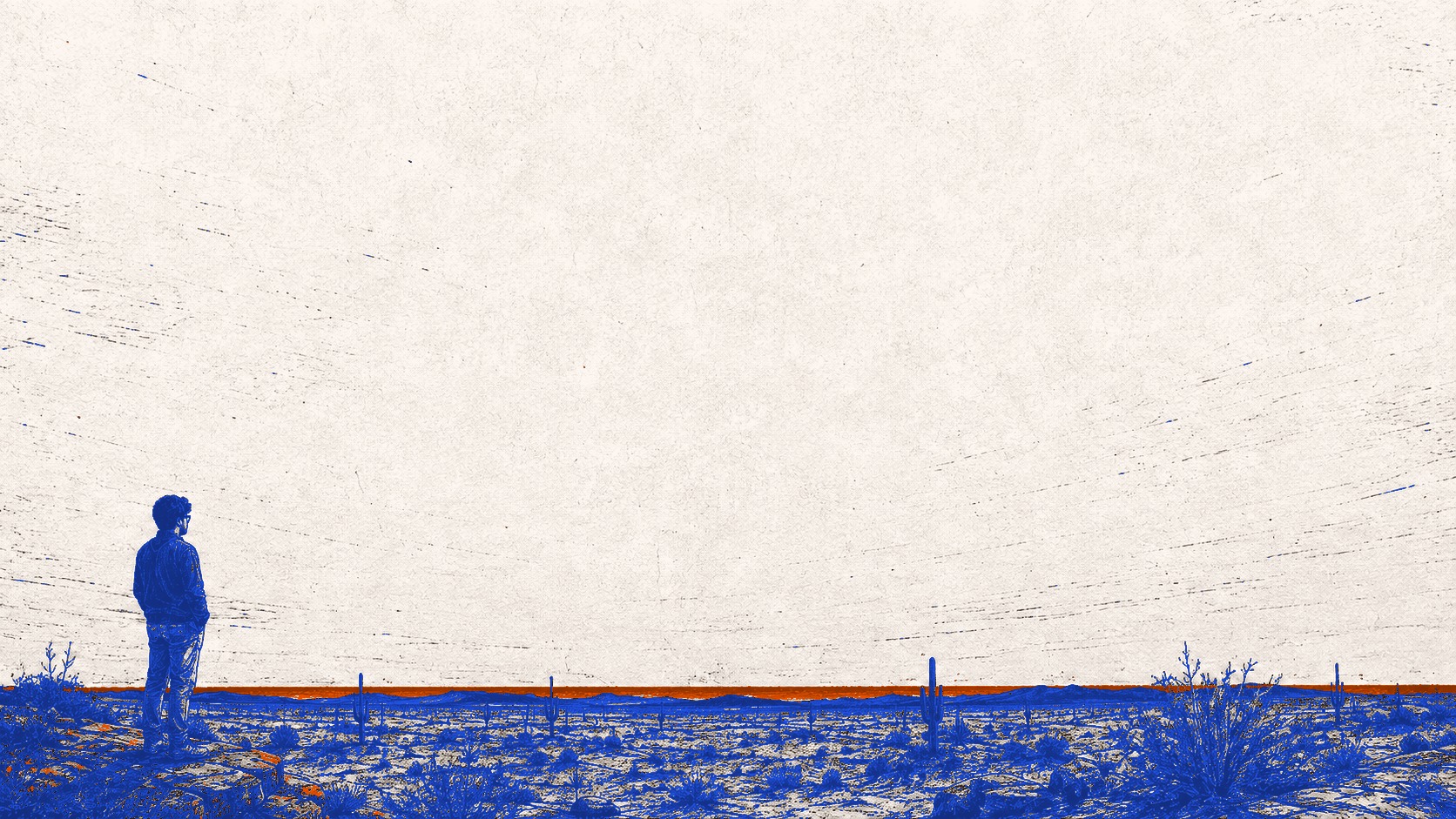 A screenprint plain: a lone figure at the left looking out across an empty desert