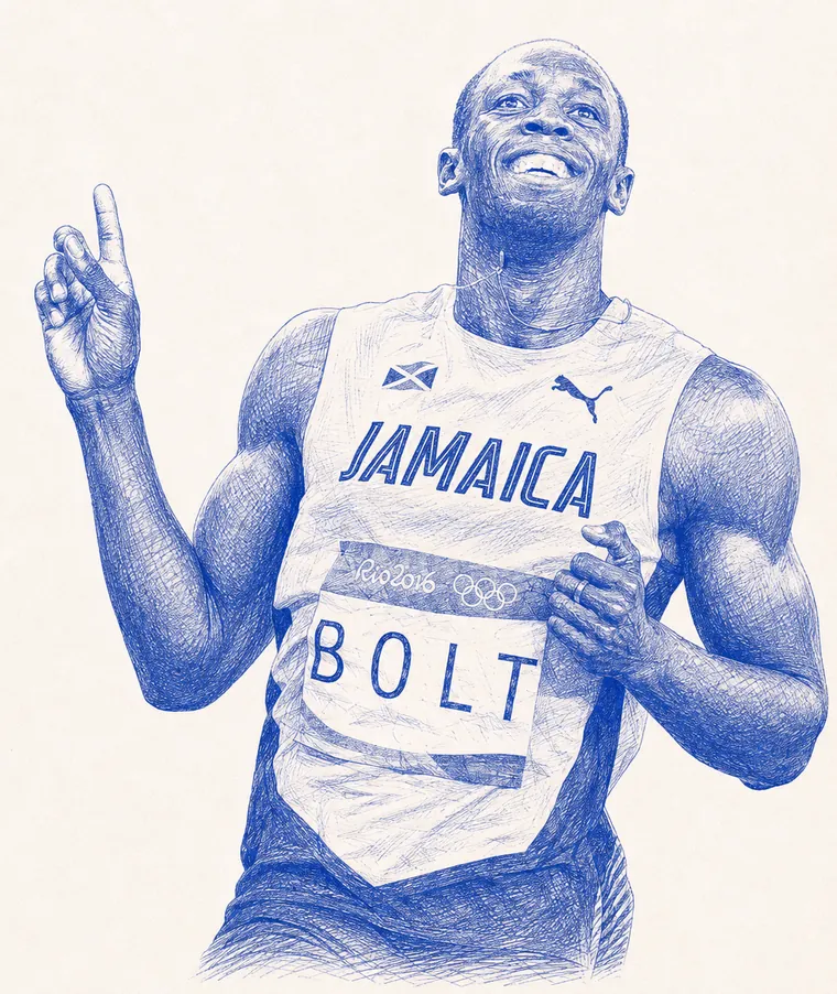 A cobalt screenprint of Usain Bolt at the finish line