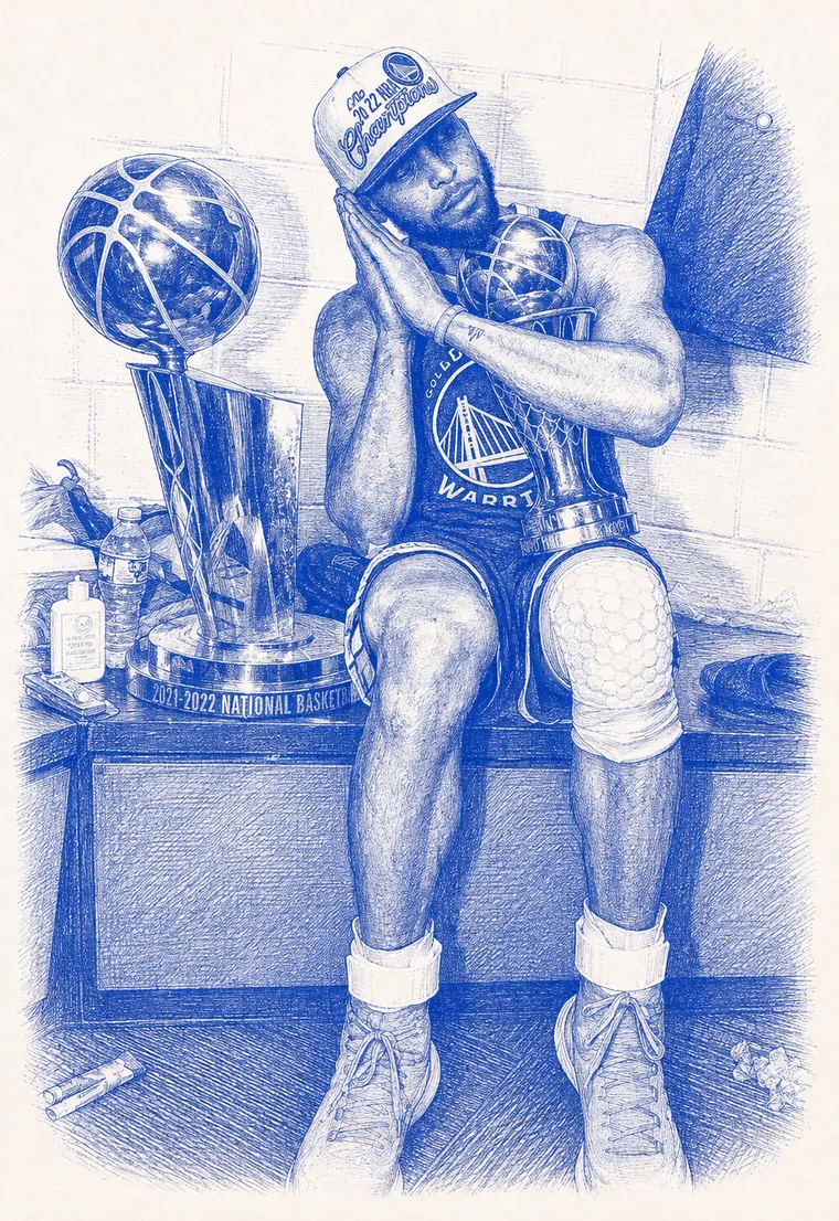 A cobalt screenprint of Stephen Curry with the 2022 NBA championship trophy