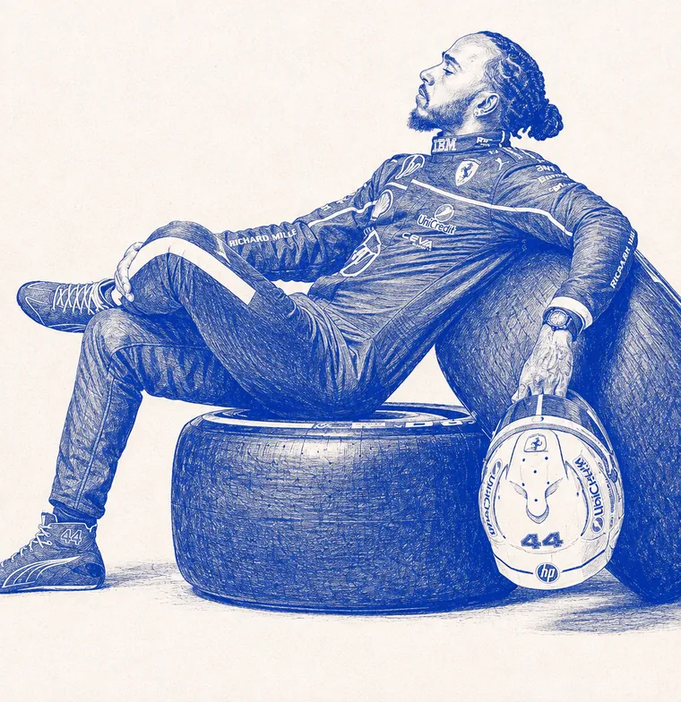 A cobalt screenprint of Lewis Hamilton sitting on a tyre