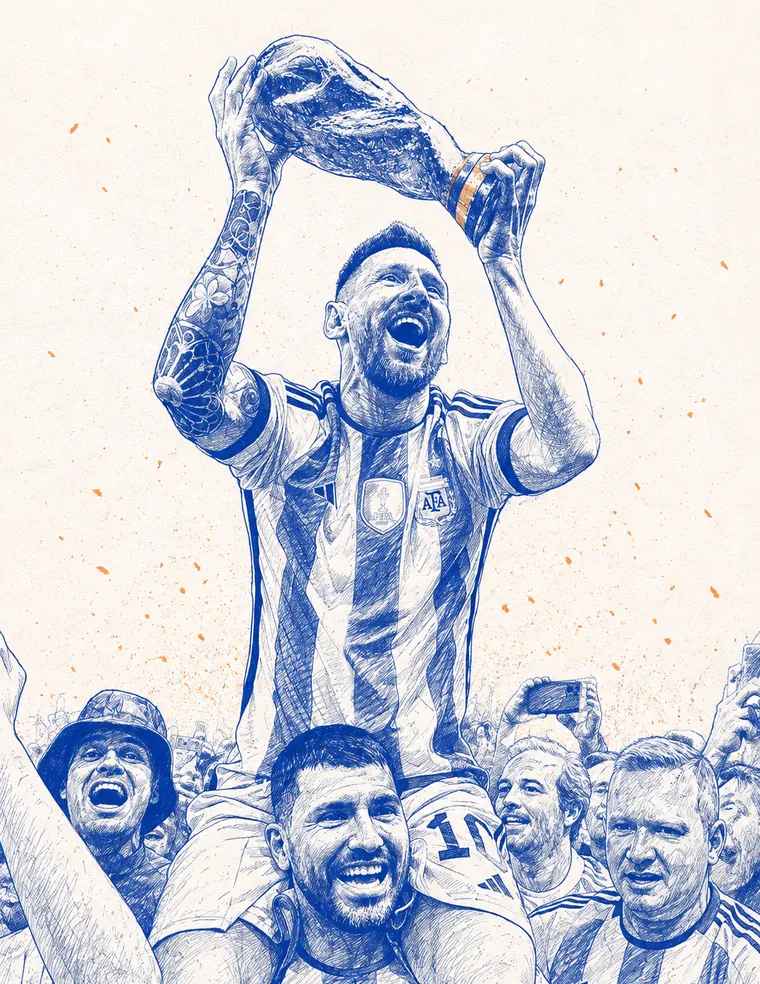 A cobalt screenprint of Messi lifting the World Cup