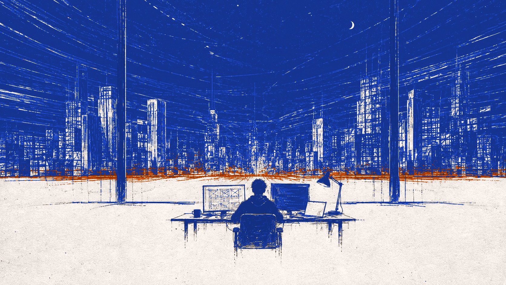 A screenprint: a figure at a desk before a city, a wireframe on one monitor and code on the other